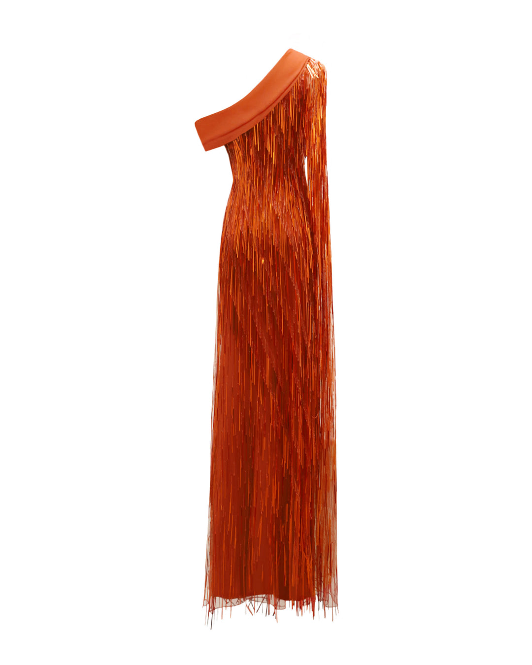 The back of a fully beaded fringes evening dress in orange color featuring a one-shoulder crepe fold-over, and a single floor-length sleeve.