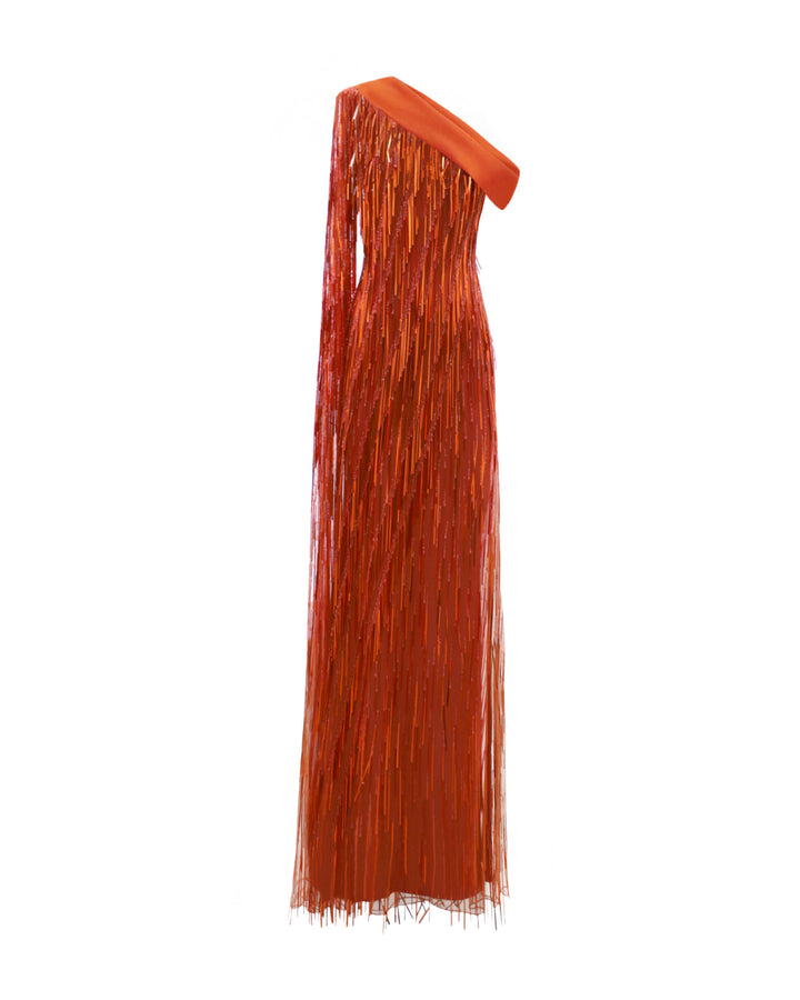 A fully beaded fringes evening dress featuring a one-shoulder crepe fold-over, and a single floor-length sleeve.