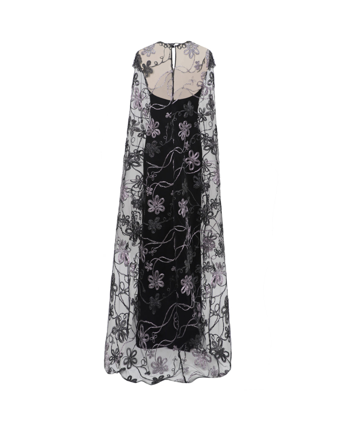 The back of a long floral embroidered tulle black evening dress with a cape-like back.