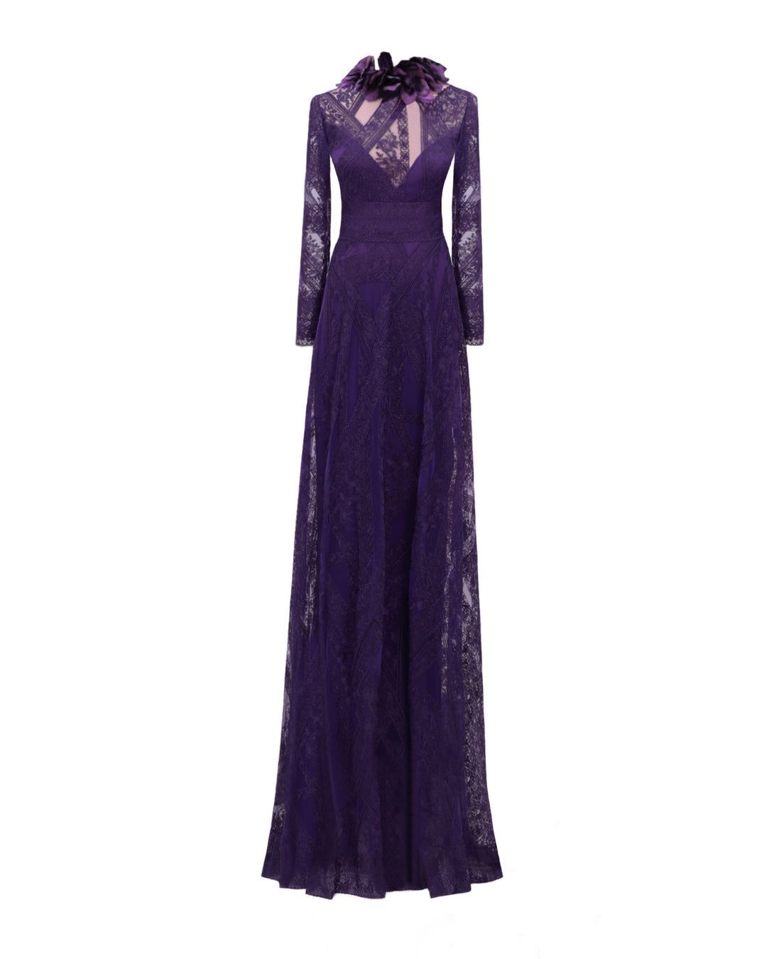 A long sleeved evening dress in purple patterned lace fabric, featuring a see-through plunging neckline and embroidered floral feathers on the collar.