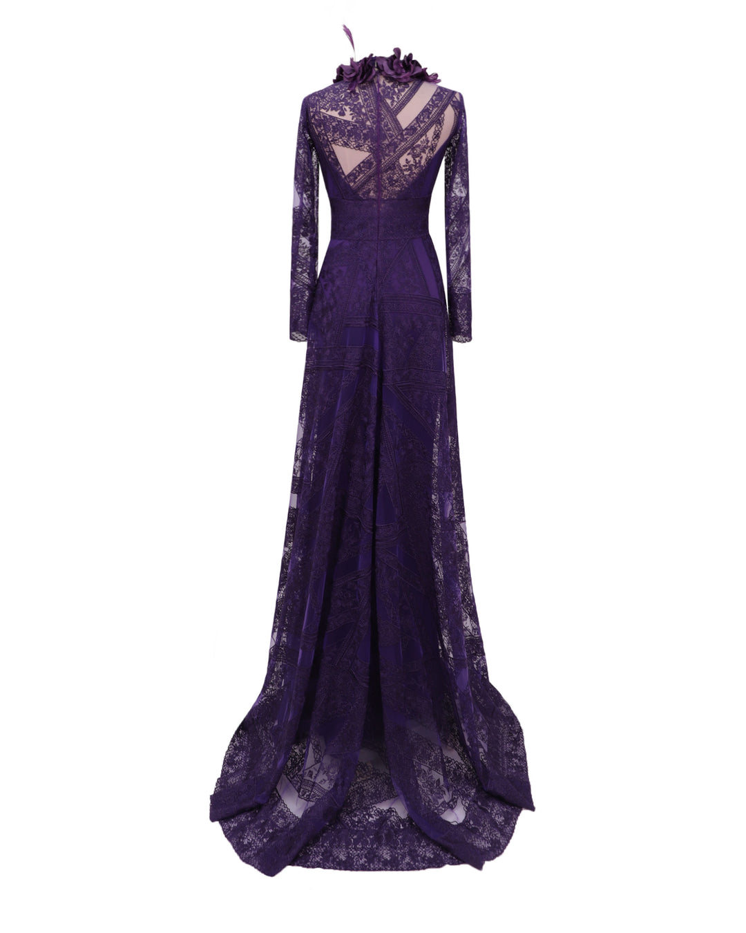 The back of a long sleeved evening dress in purple patterned lace fabric, featuring a see-through open back and an embroidered floral feathers on the collar.