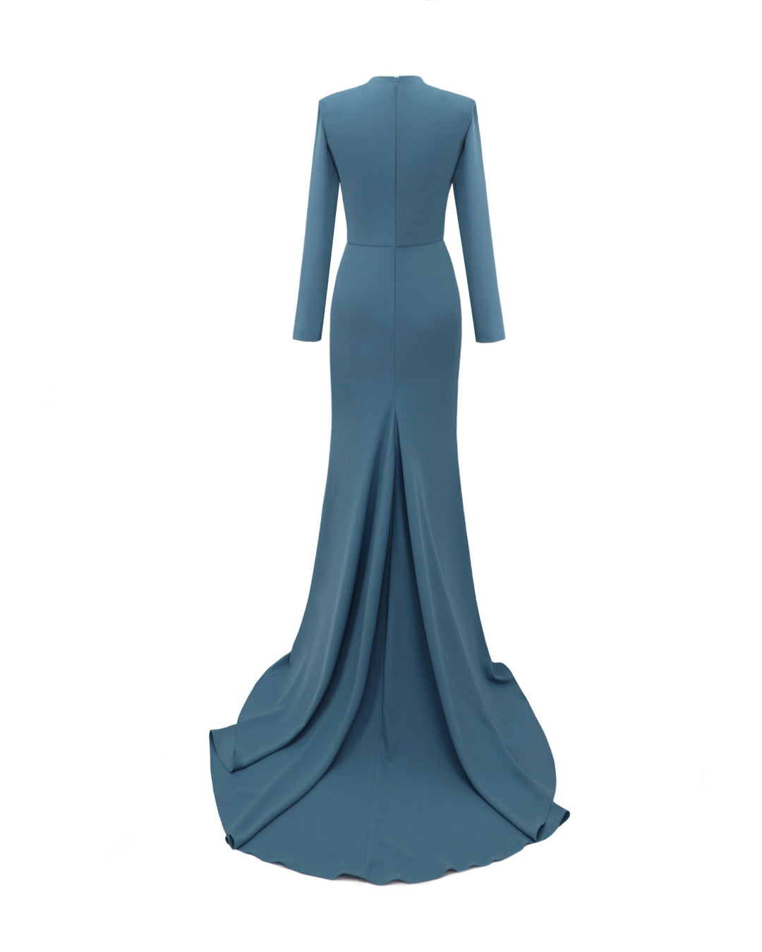 The back of a long sleeves slim-cut evening dress in blue crepe featuring structured shoulders.