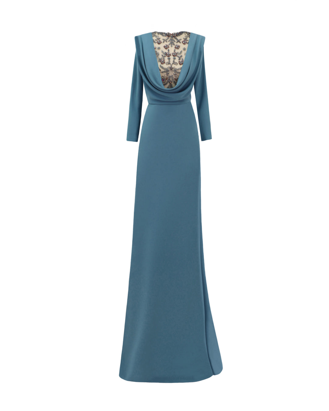 A long sleeves slim-cut evening dress featuring a beaded cowl-neckline with draping and structured shoulders.