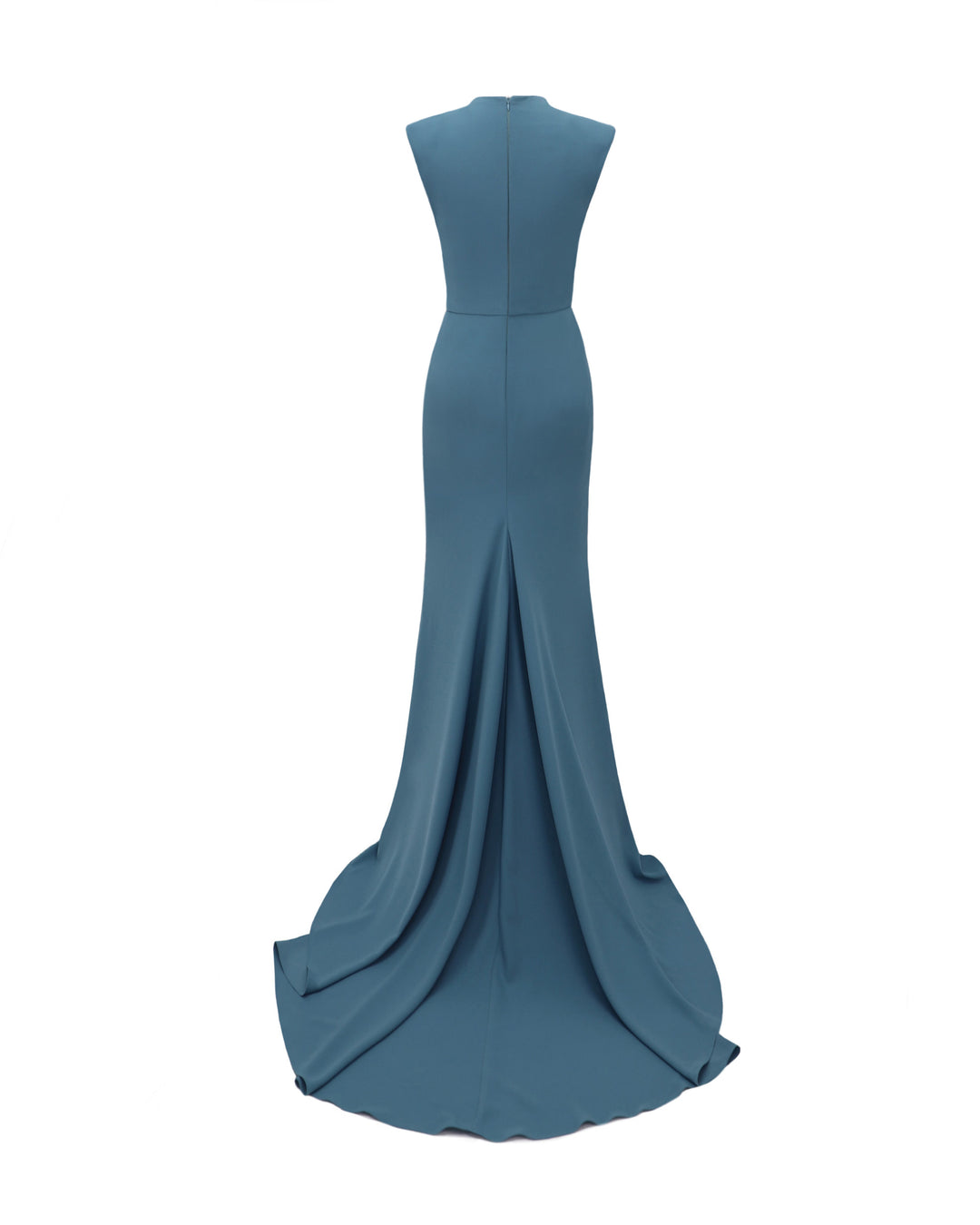 The back of a slim-cut blue evening dress featuring structured shoulders.