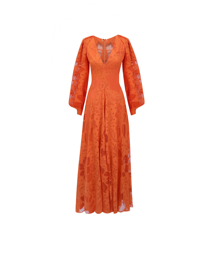 A v-neckline orange lace midi dress with draped bishop sleeves.