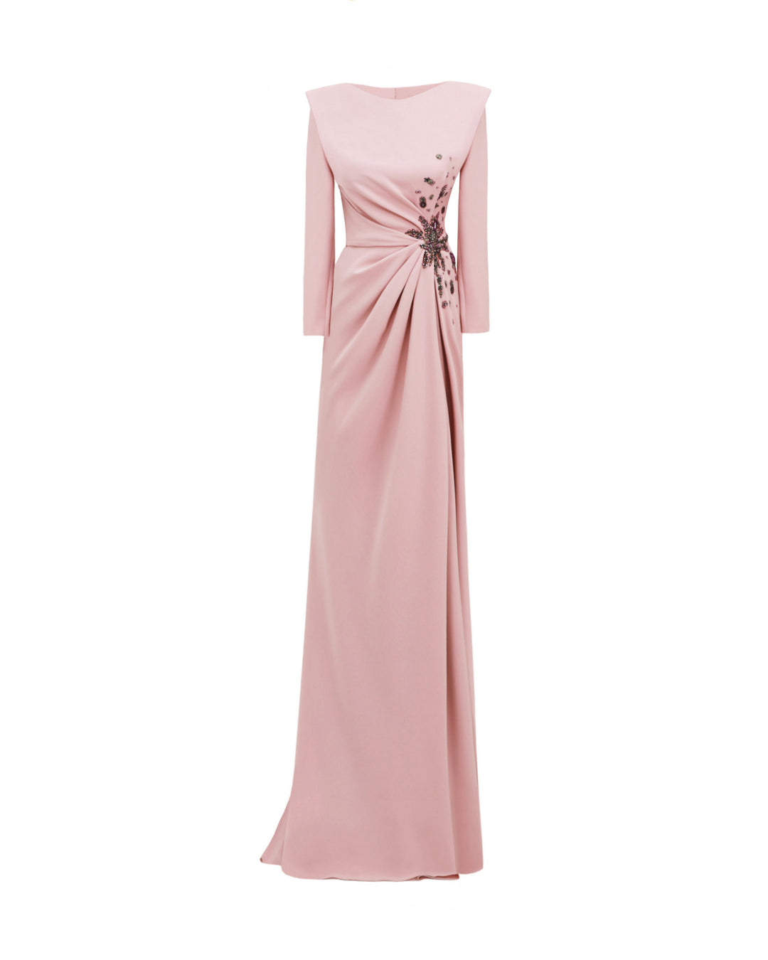 A long sleeved slim-cut evening dress in pink color featuring structured shoulders, draping and floral beadings on the waist.