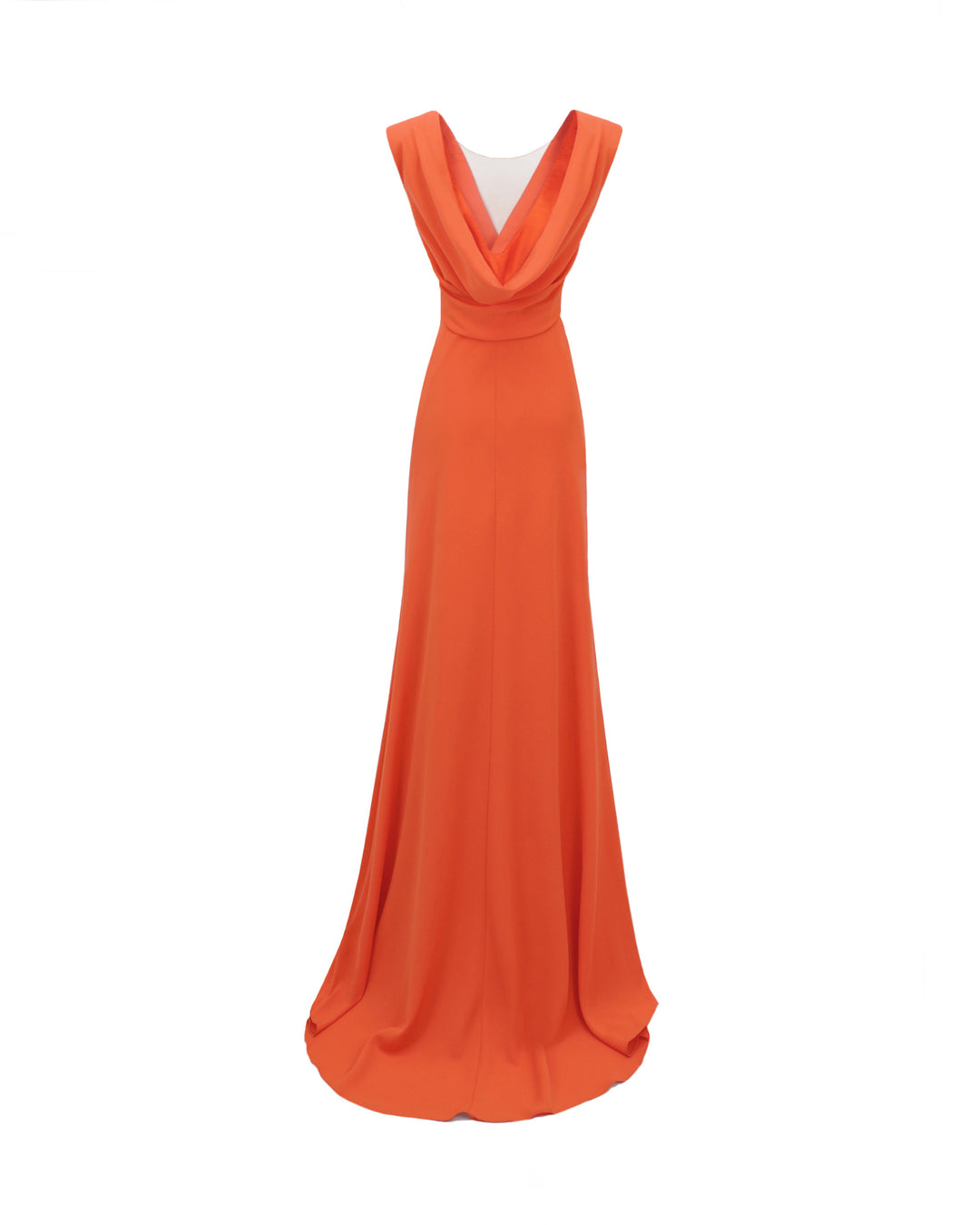 The back of a slim-cut long orange evening dress with a draped low open back.