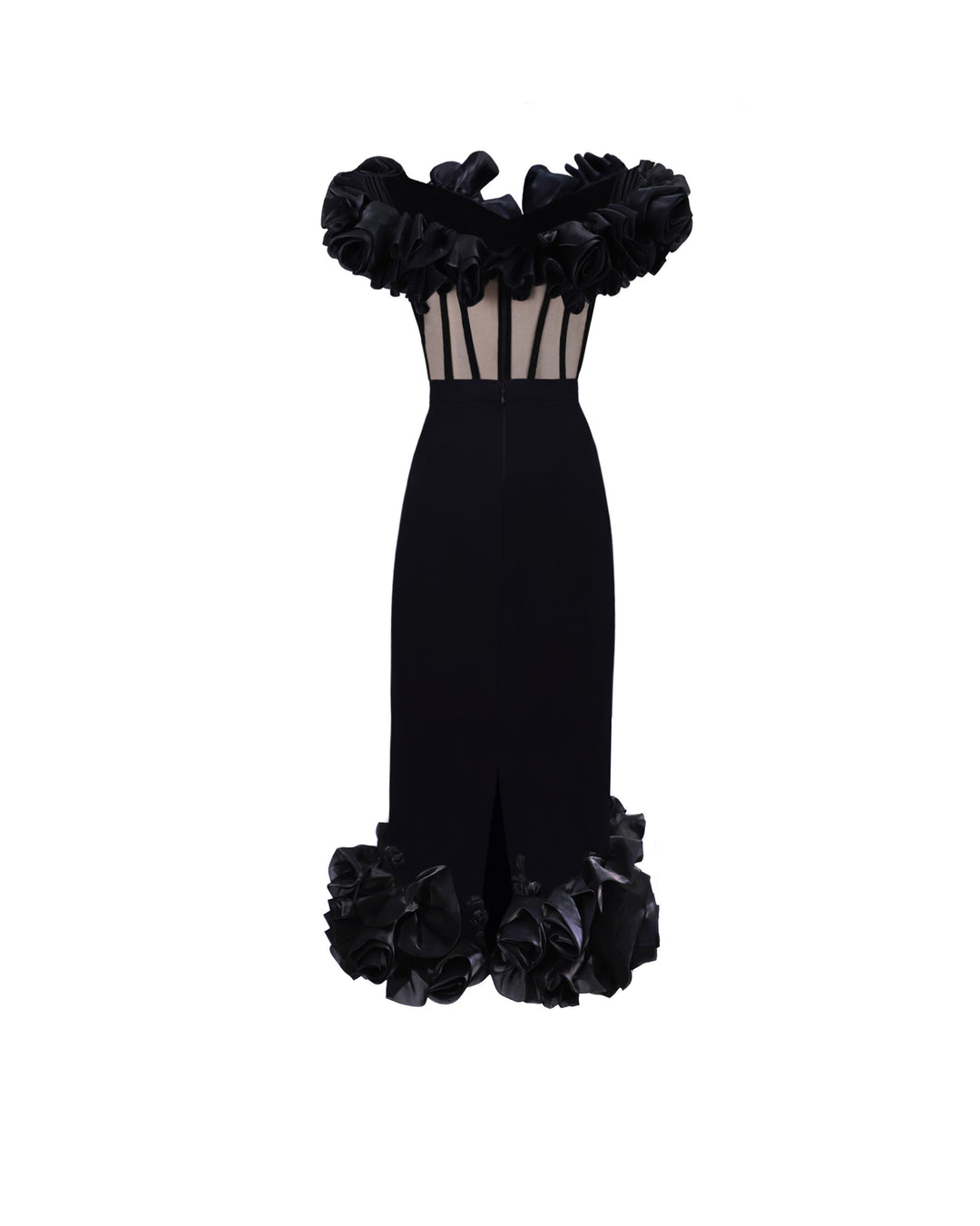 The back of an evening wear set featuring an off-the-shoulders draped floral see-through corset paired with a midi black skirt with draped florals on the hemline.