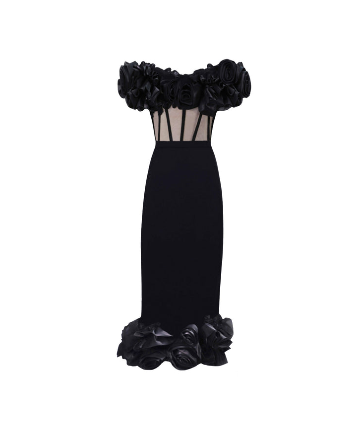 A black evening wear set featuring an off-the-shoulders draped floral see-through corset paired with a midi skirt with draped florals on the hemline.