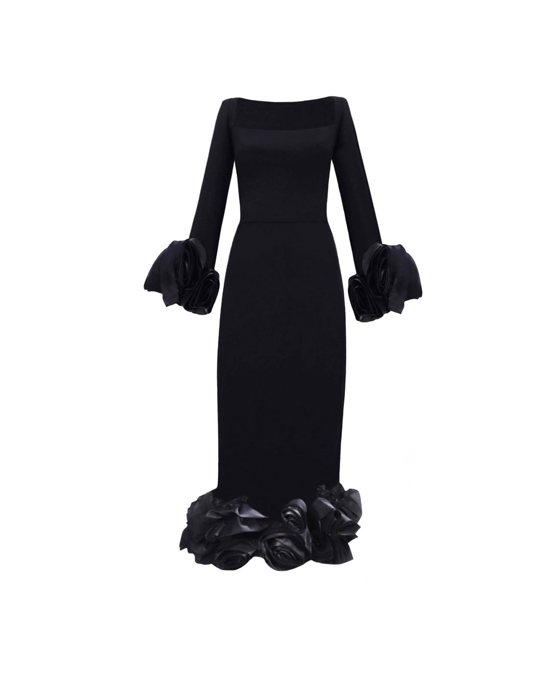 A long sleeved squared-neckline midi dress in black crepe featuring floral cuffs and hemline.