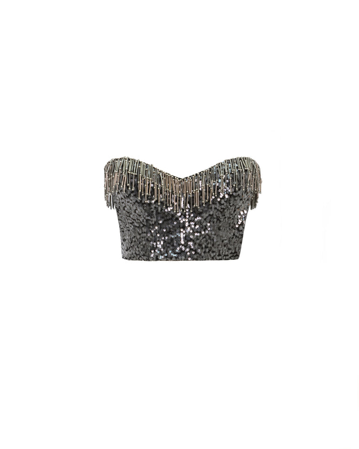 A strapless metallic grey beaded sequins top.