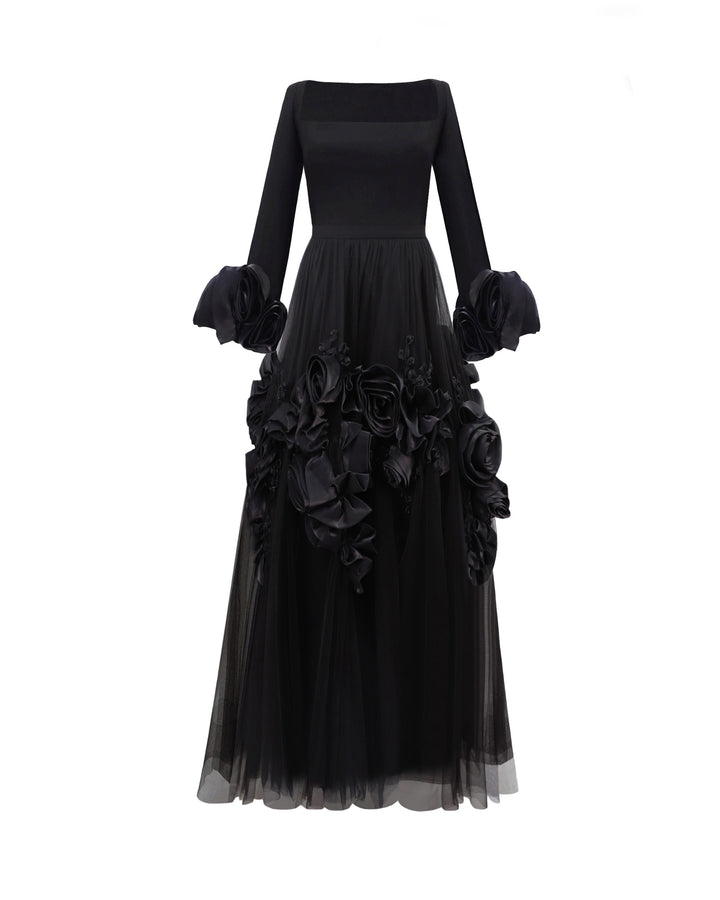 A midi evening dress featuring a squared-neckline crepe top gathered with a midi tulle skirt adorned with floral cuffs and and embellishments on the skirt.