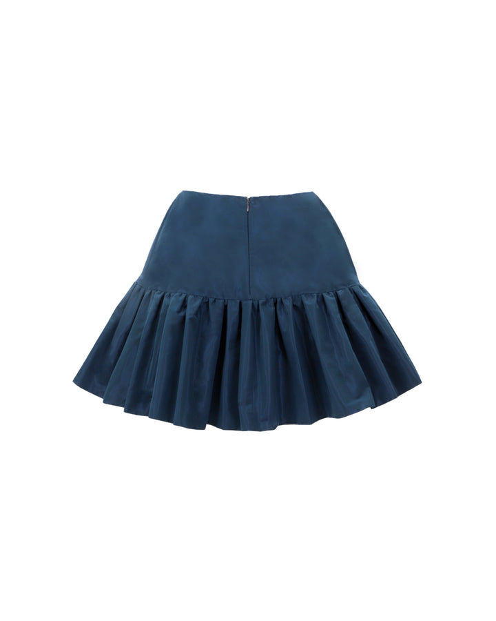 The back of A short taffeta flared skirt in navy color.