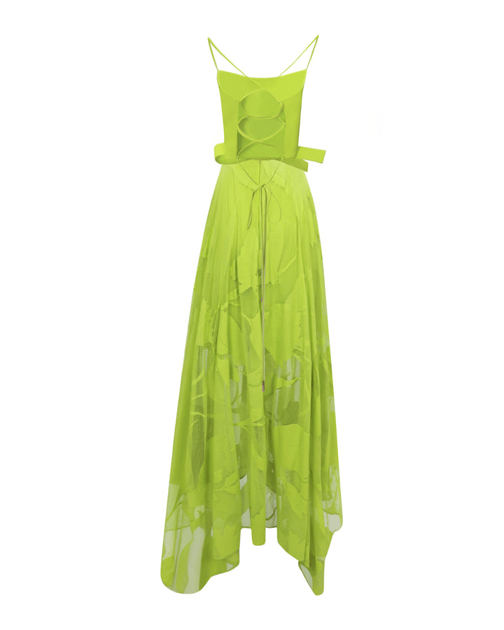 The back of an evening wear set featuring a patterned lace midi skirt with asymmetrical hemline, and a laced open back crepe top, all in lime color.