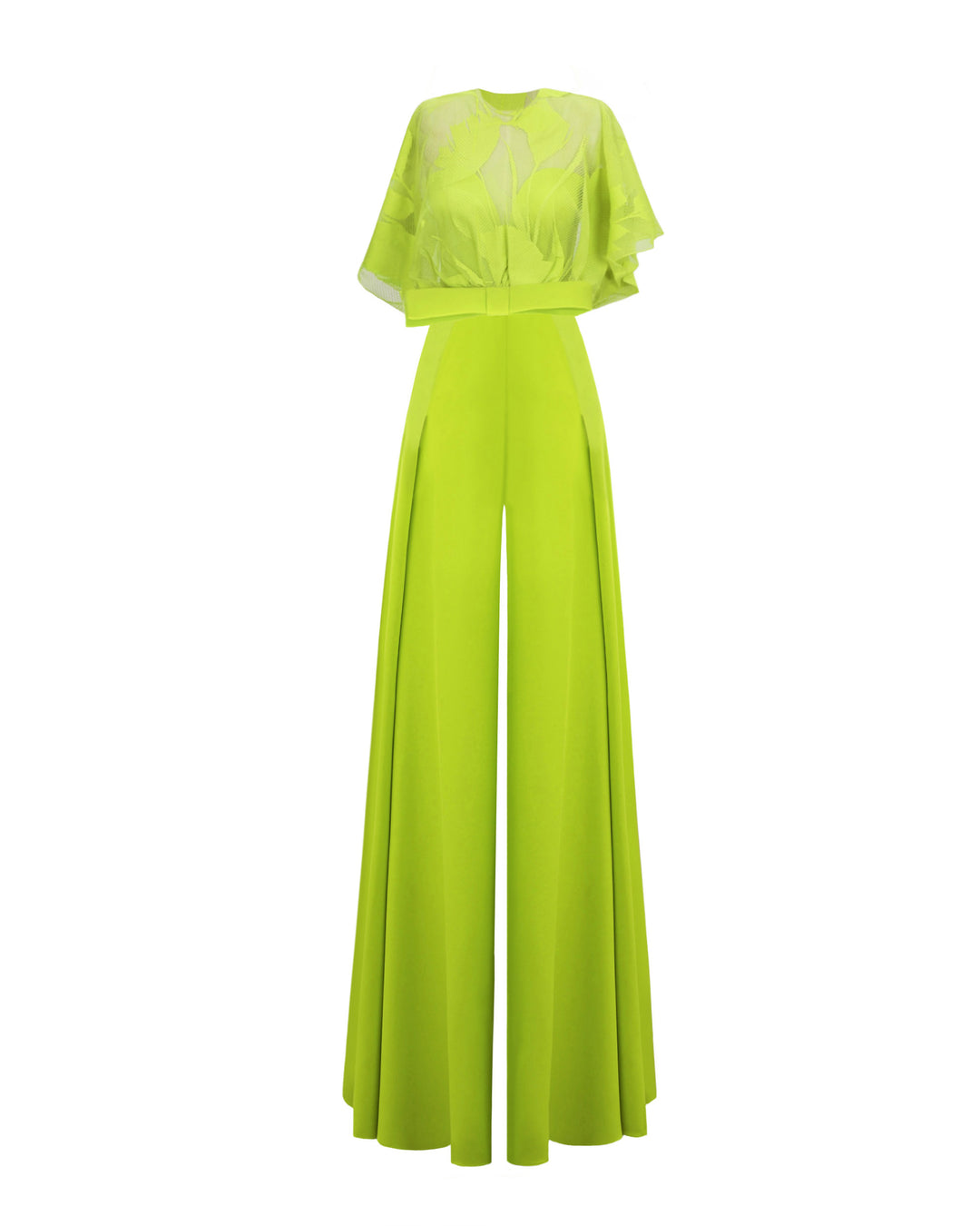 An occasion wear featuring a patterned lace top with a bow design paired with a high-waist wide pants featuring side pleats, all in lime color.