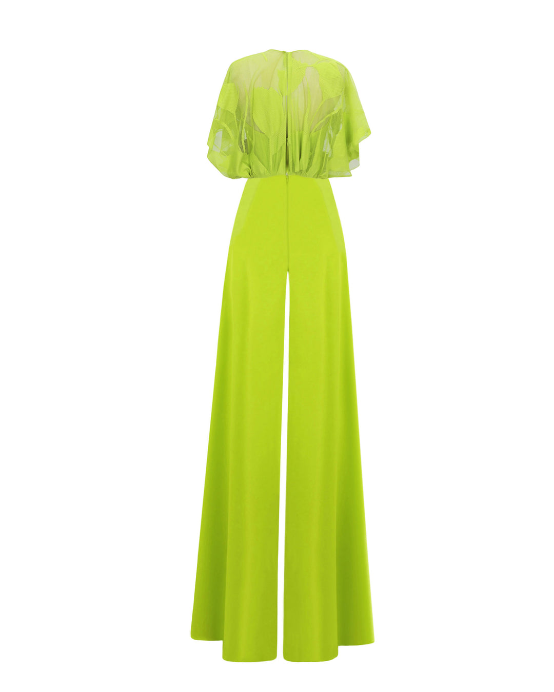 The back of an occasion wear featuring a patterned lace top paired with a high-waist wide pants featuring side pleats, all in lime color.