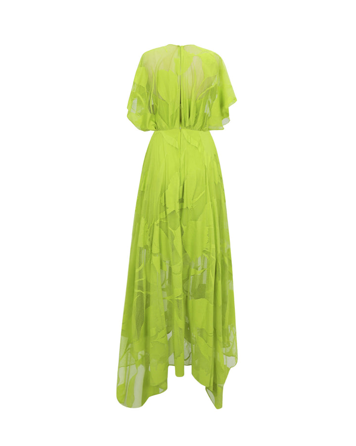 The back of a patterned lace midi dress with a bow design on the waist and an asymmetrical hemline, all in lime color.