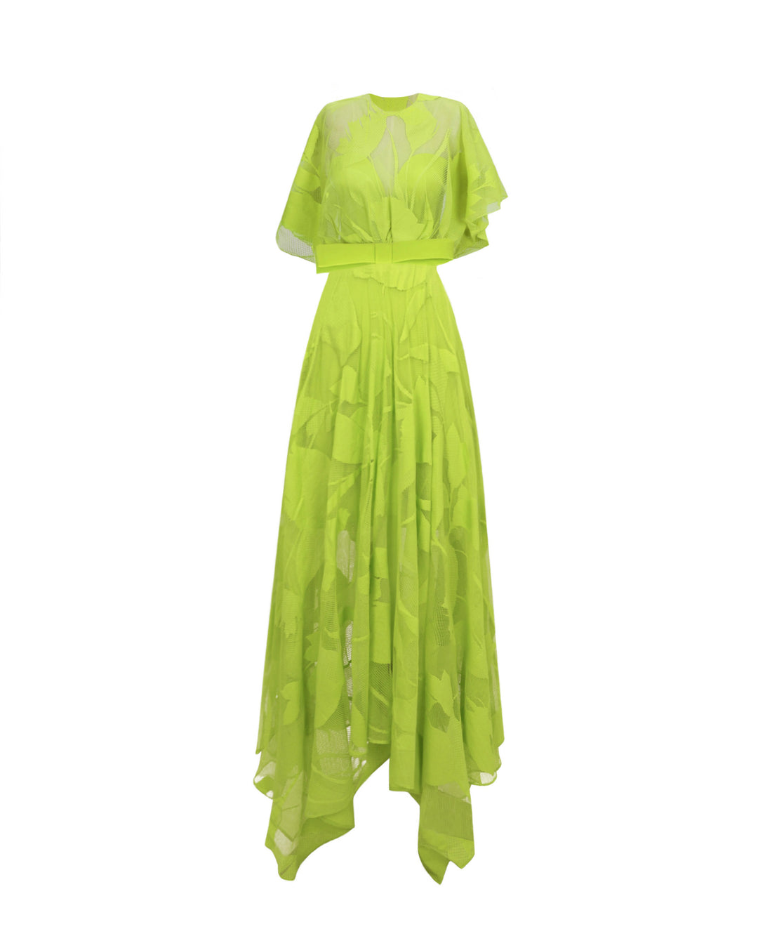 A patterned lace midi dress with a bow design on the waist and an asymmetrical hemline, all in lime color.