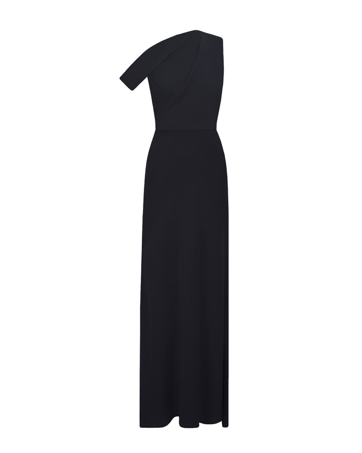 An asymmetrical cut crepe long black dress with draping details on the upper part and a slim cut skirt.