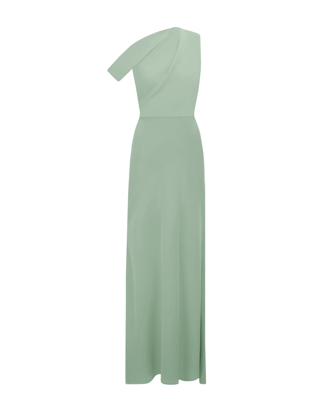 An asymmetrical cut crepe long mint green dress with draping details on the upper part and a slim cut skirt.