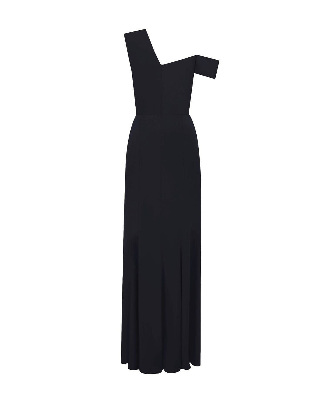 The back of an asymmetrical cut crepe long black dress with draping details on the upper part and a slim cut skirt.