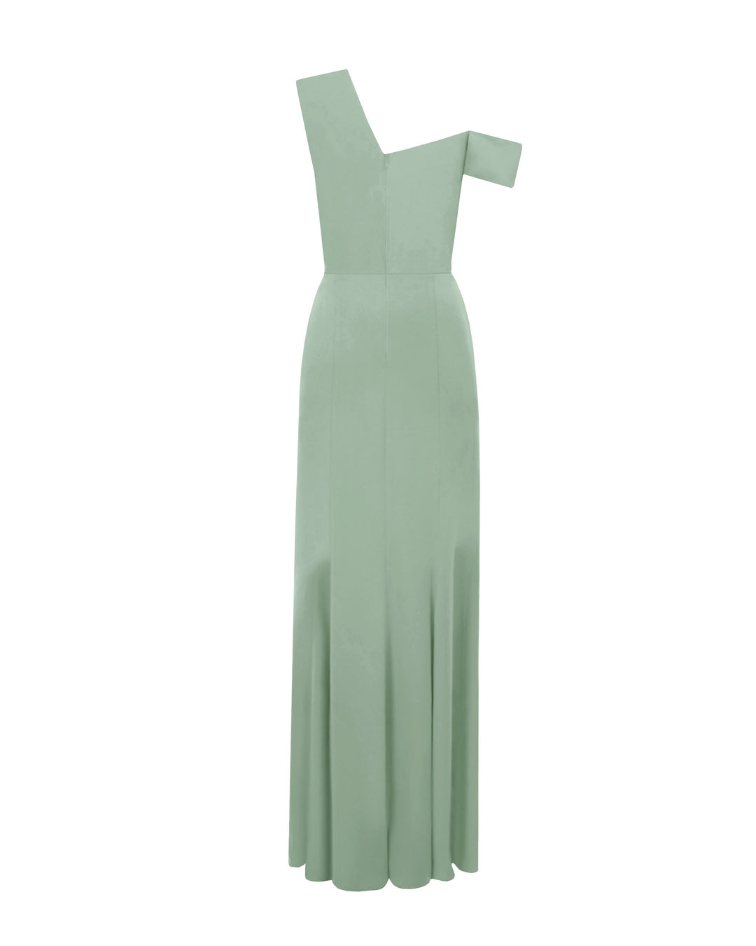 The back of an asymmetrical cut crepe long mint green dress with draping details on the upper part and a slim cut skirt.