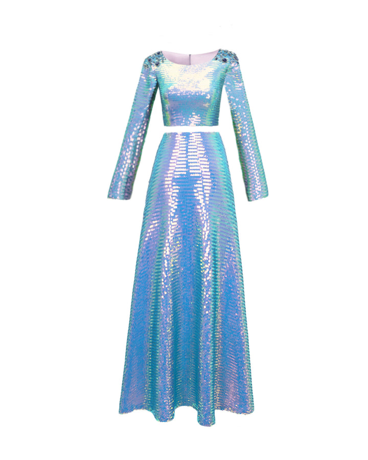 A blue sequined evening wear set featuring a sleeved cropped-top with beaded shoulders paired with a flared midi skirt.