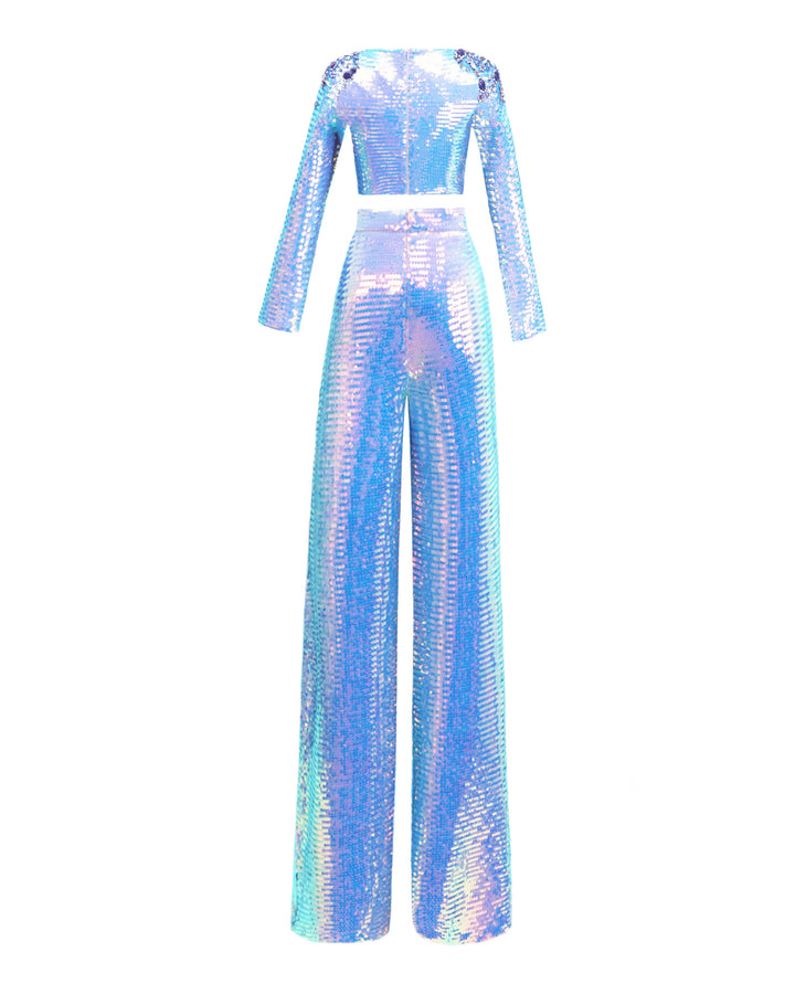 The back of a blue sequined evening wear set featuring a cropped-top with beaded shoulders paired with straight-cut pants.