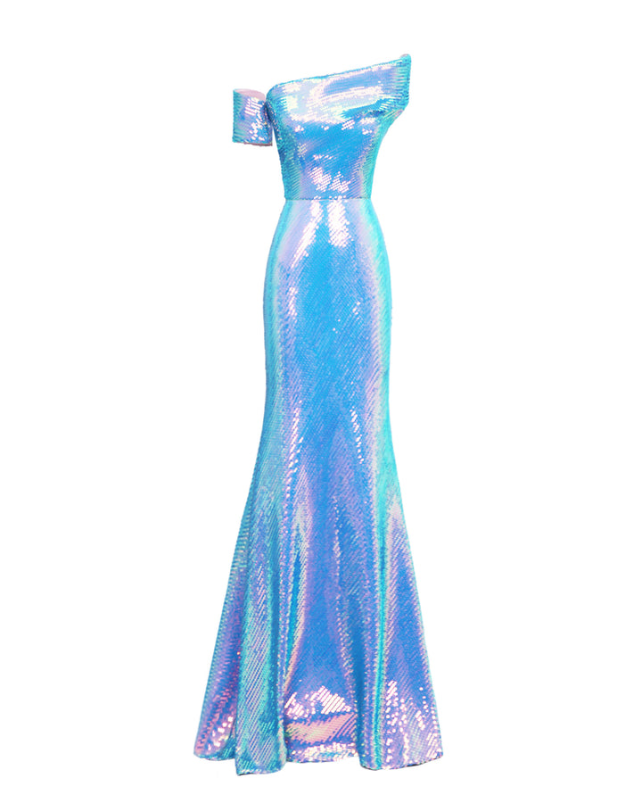 A blue sequined evening wear set featuring an asymmetrical one-shoulder draped top paired with a long slim-cut skirt.