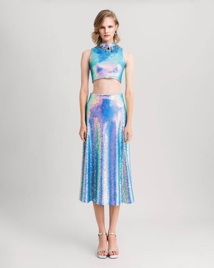 A blue sequined evening wear set featuring a beaded collar cropped-top paired with a midi flared skirt.