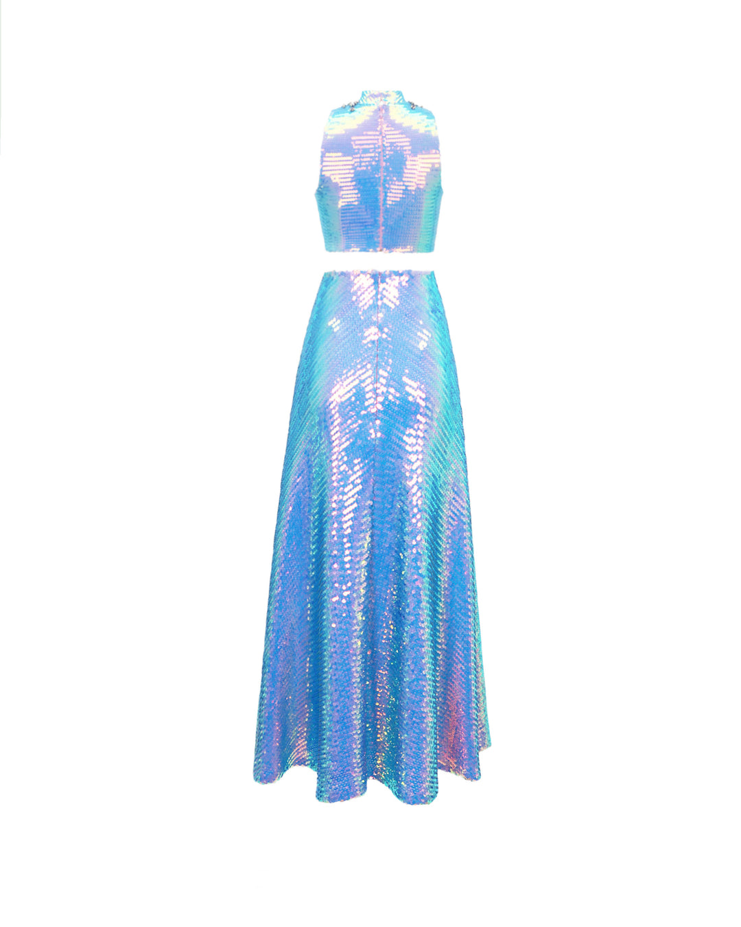 The back of a blue sequined evening wear set featuring a beaded collar cropped-top paired with a midi flared skirt.