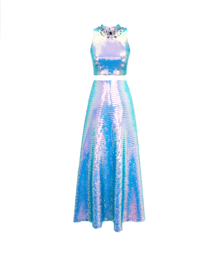 A blue sequined evening wear set featuring a beaded collar cropped-top paired with a midi flared skirt.