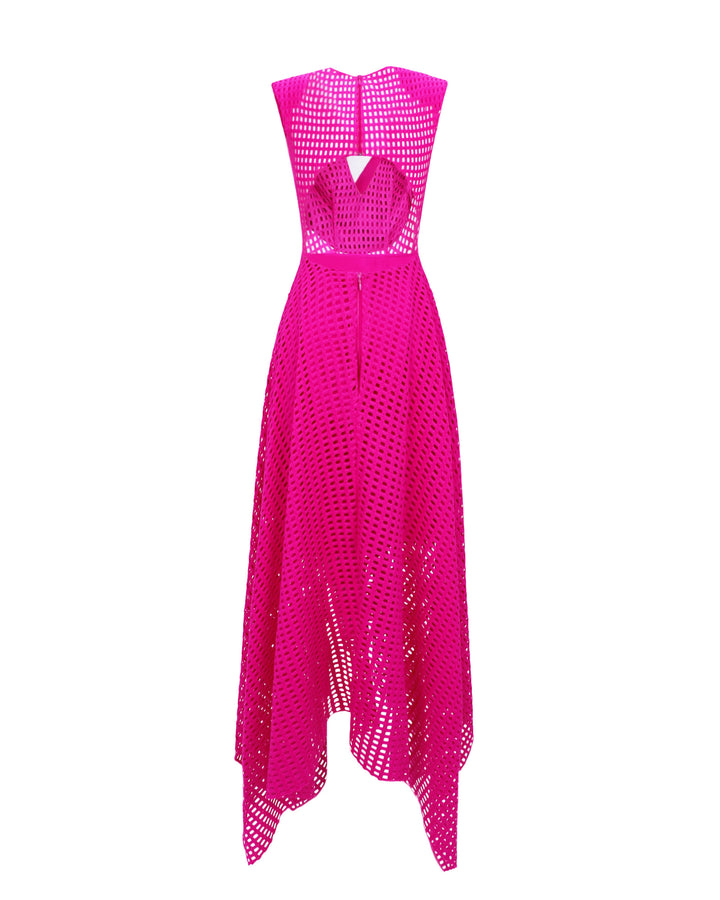 The back of a fuchsia midi dress with an open back and an asymmetrical hemline crochet lace skirt.