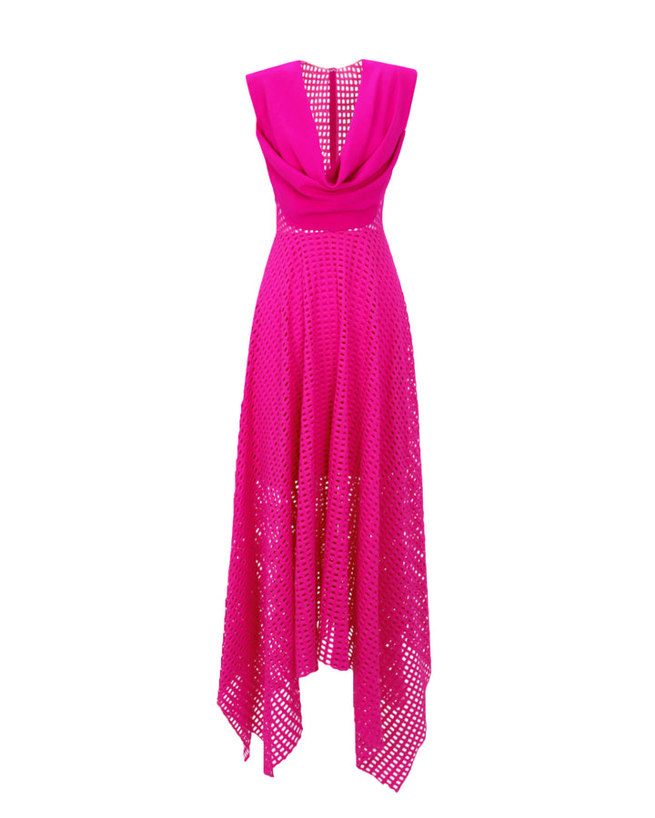 A cowl-neckline fuchsia evening midi dress with asymmetrical hemline crochet lace skirt.