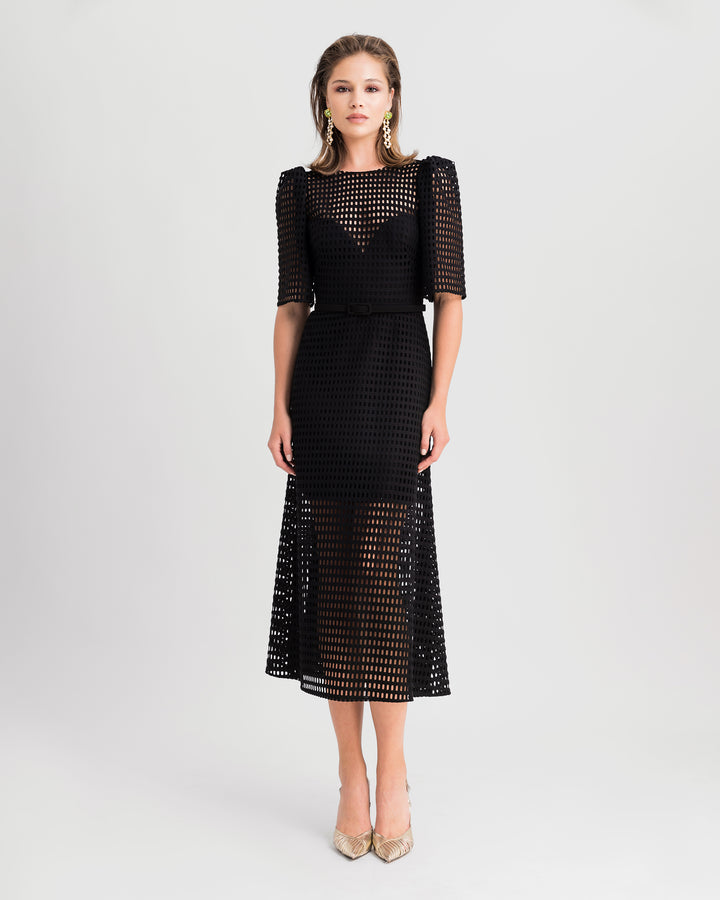 A crochet lace flared midi dress with puffed sleeves and a detachable belt.