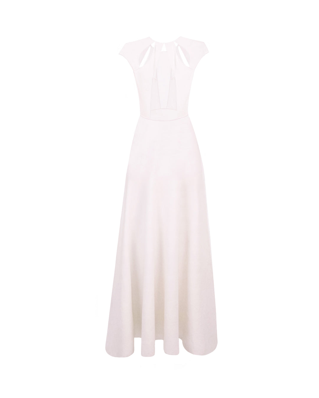 The back of a white midi knit dress featuring cut-outs on the shoulders and an open back.