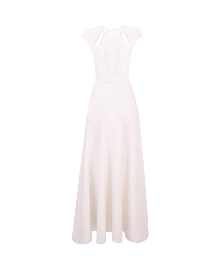 The back of a white midi knit dress featuring cut-outs on the shoulders and an open back.