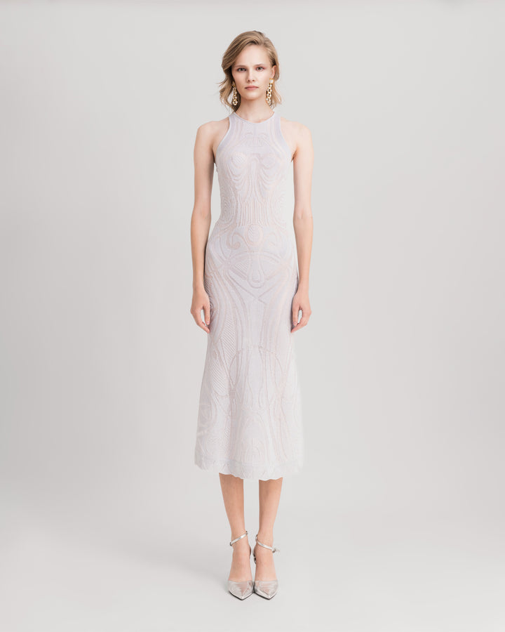 A silver Slim-cut patterned knit midi dress.