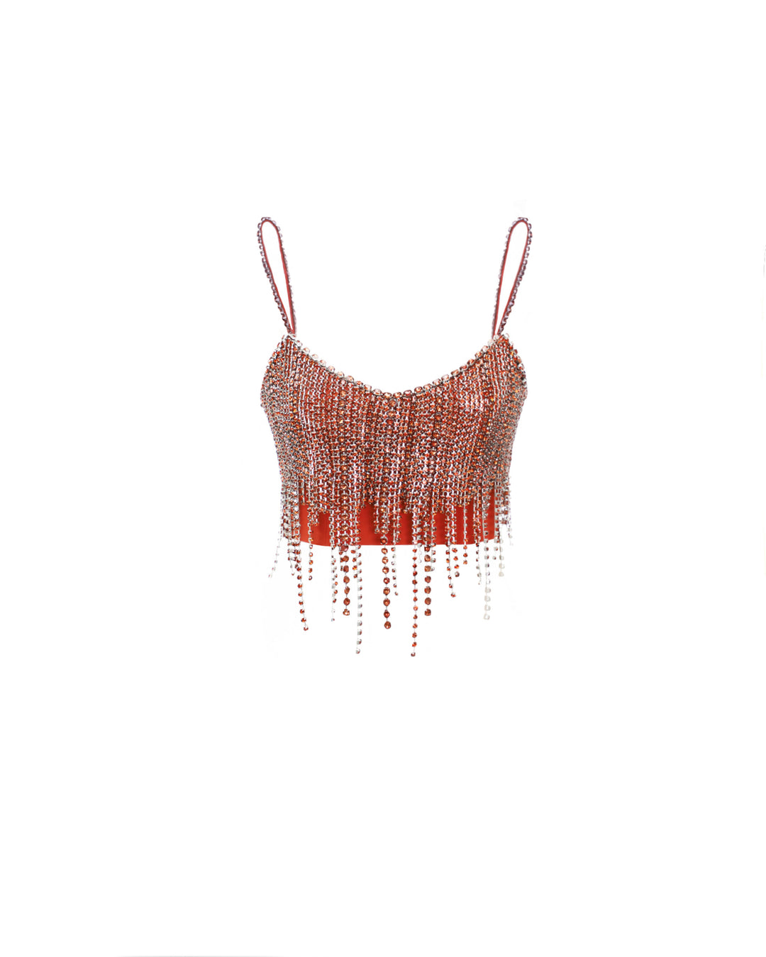 A beaded tassels cropped top in copper.