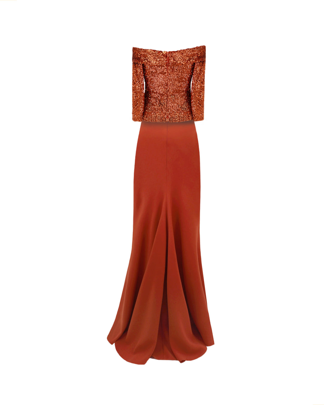 The back of an evening wear set featuring an off-the-shoulders copper sequins top paired with a slim-cut long crepe skirt.