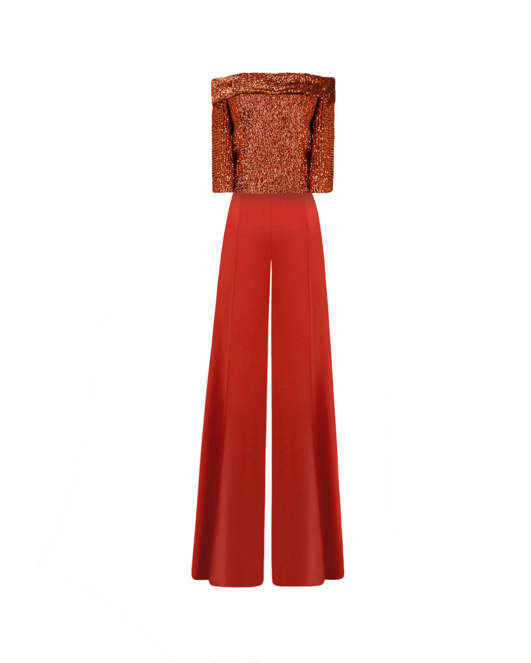 An evening wear set featuring an off-the-shoulders copper sequins top paired with a flared pant.