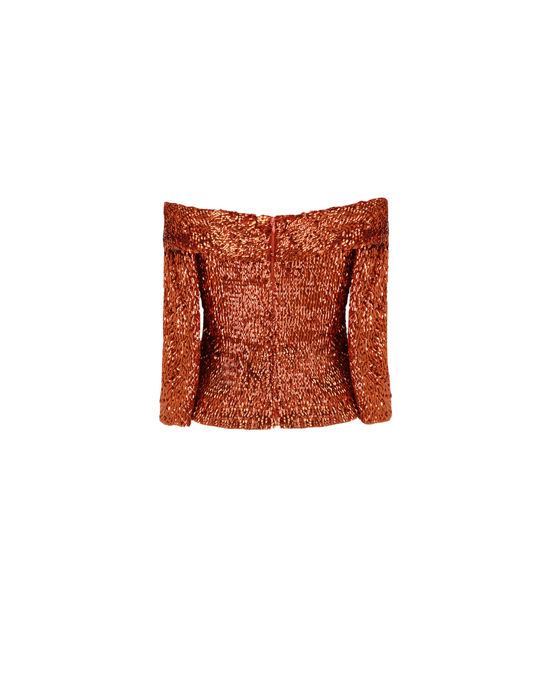 The back of an evening wear set featuring an off-the-shoulders copper sequins top.