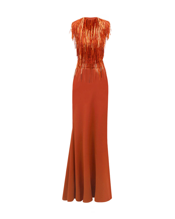 An evening wear set featuring a high-collar beaded fringes top in copper color paired with a slim-cut crepe long skirt.