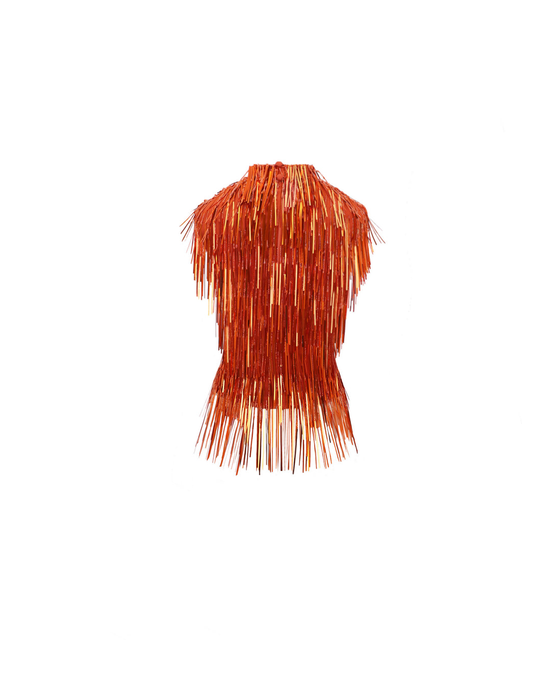 The back of an evening wear high-collar beaded fringes top in copper color.