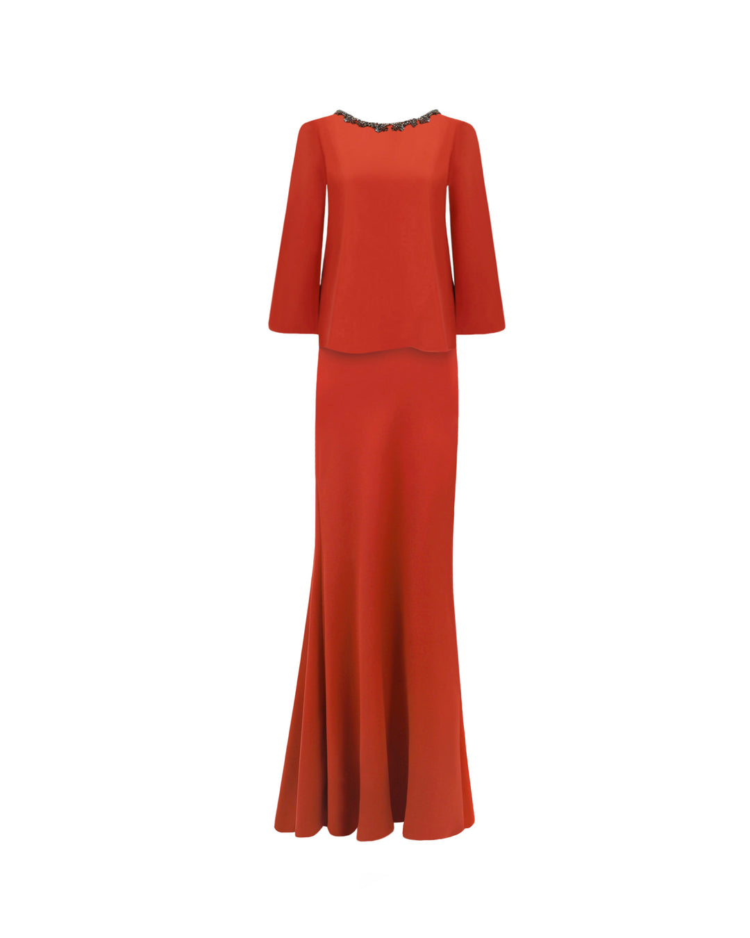 An orange evening wear set featuring a long sleeved top with a beaded neckline, paired with a slim-cut long skirt.