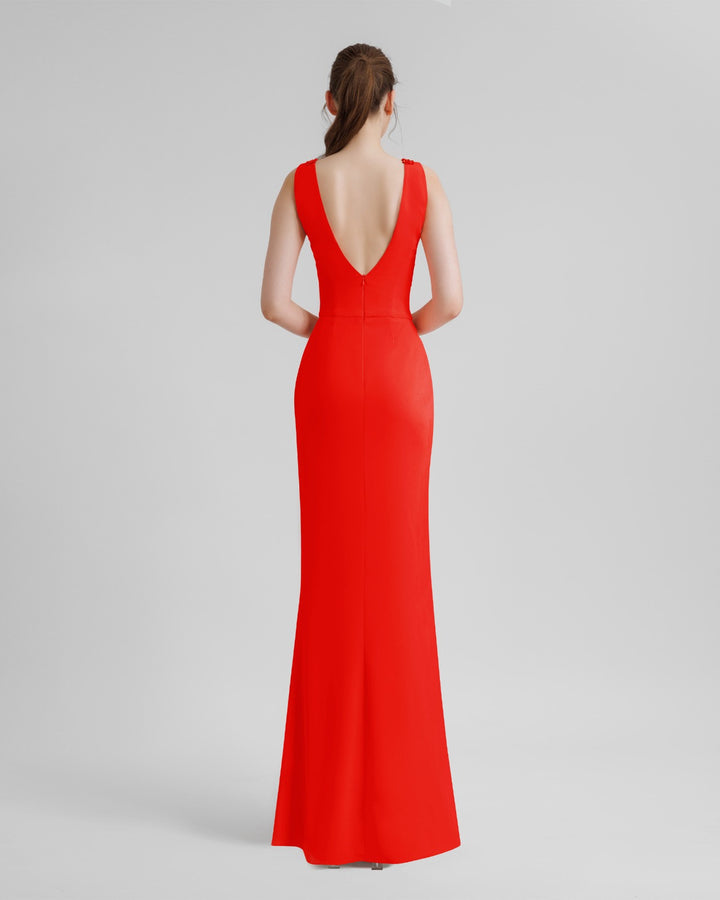 V-Neckline Coral Beaded Dress