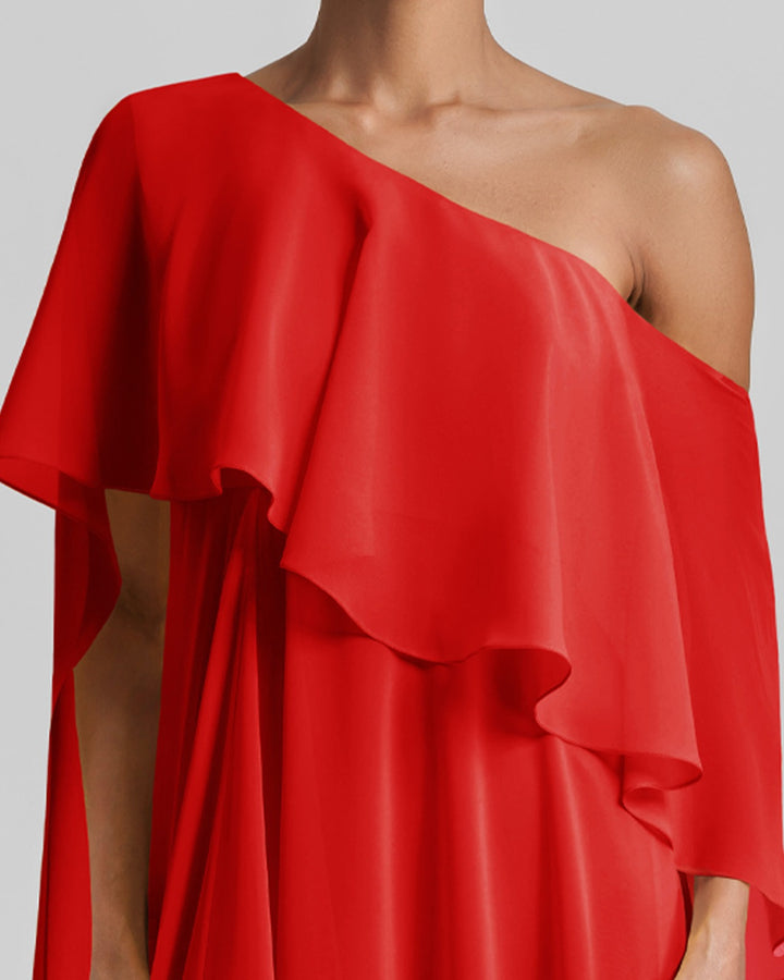 One-Shoulder Red Dress Featuring Ruffles