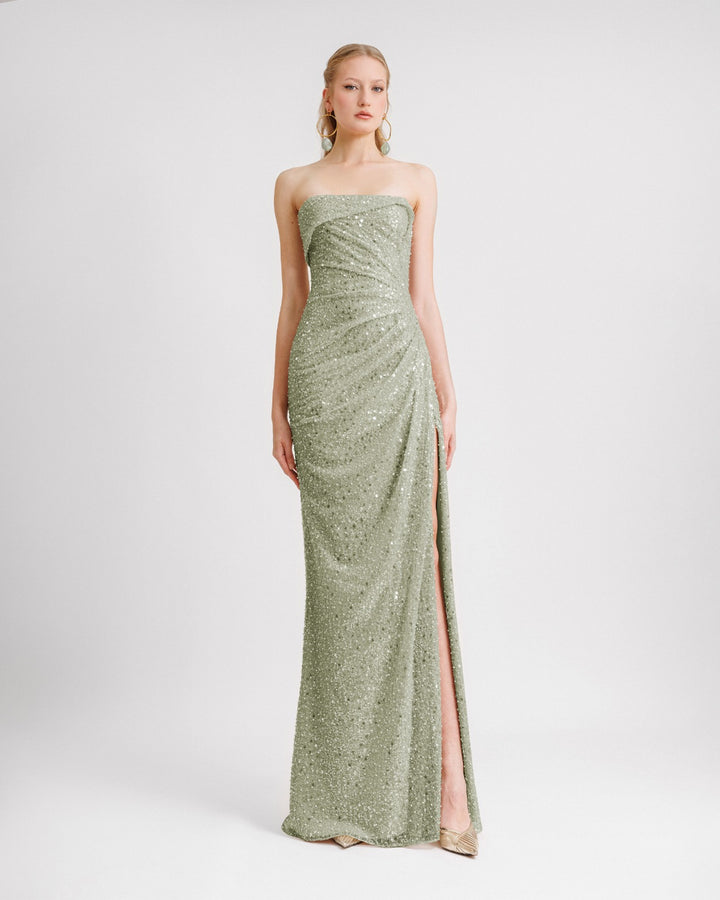 Beaded Strapless Draped Light Mint Dress