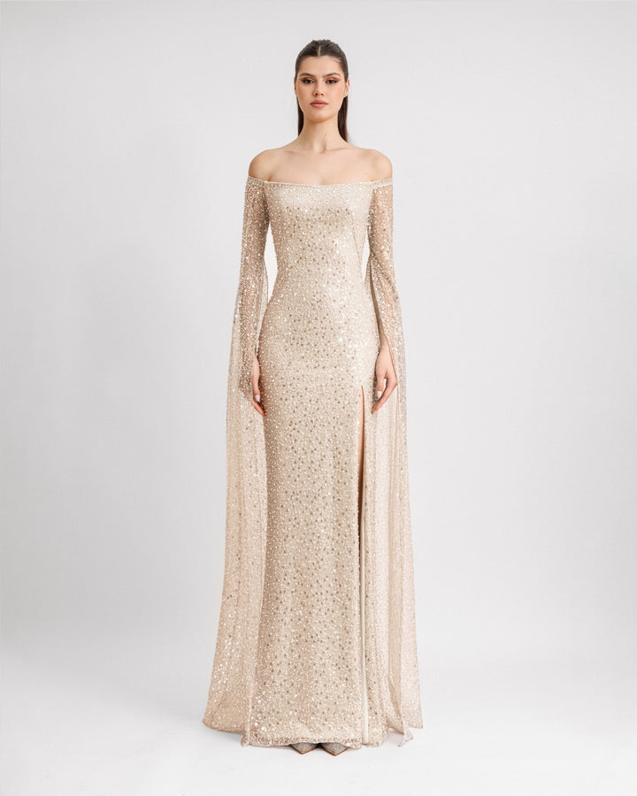 Off-the-shoulders Floor-length Sleeves Cream Dress