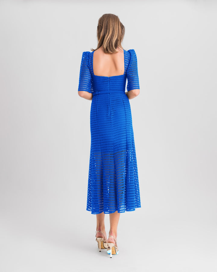 Puffed Shoulders Crochet Midi Royal Blue Dress